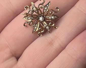 Antique Victorian Starburst Seed Pearl Brooch – 10K Gold, Circa 1890–1900