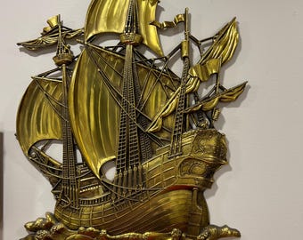 VINTAGE 1958 Syroco Large Wall Hanging Plaque Decor - Gold Pirate Sailing Ship RARE