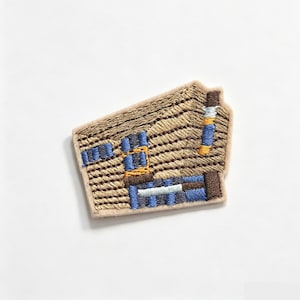 May include: An embroidered patch featuring a geometric design with tan, brown, blue, and yellow thread. The shape is irregular with a light beige border, showcasing a textured pattern of horizontal and vertical lines in various colors.