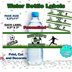 Water Bottle Labels Soccer personalized, printable