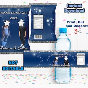 May include: A blue and silver design for a prom send-off, featuring the text "PROM SEND OFF 2026" and the names "Rebecca & Carlos." The design includes a water bottle and a label with nutrition facts.