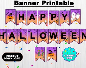 May include: A printable Halloween banner with the words "Happy Halloween" in black letters on purple and orange pennants. The banner includes images of pumpkins, ghosts, bats, and spiderwebs. The words "Instant Download" are also visible.