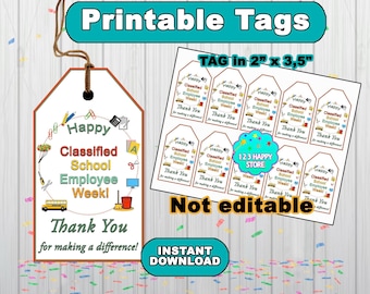Classified School Employee Week Gift Tags printable, Thank You Tags Label , Instant download