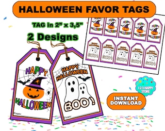以下が含まれることがあります： ハロウィーンの記念品タグ。2つのデザインがあります。1つは魔女の帽子をかぶったジャック・オー・ランタン、もう1つは「BOO！」という言葉が入った2つの幽霊です。タグのサイズは5.08cm x 8.89cmで、「Happy Halloween」の文字が含まれています。