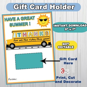 Porta-carta regalo di ringraziamento per autisti di autobus di fine anno, Porta-carta regalo scolastico stampabile per il personale scolastico estivo, Apprezzamento per autisti di autobus
