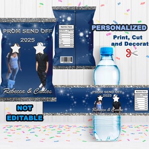 May include: A blue and silver printable party favour design for a prom send off. The design features a couple's photos, the text "Prom Send Off 2025", and the names "Rebecca & Carlos".