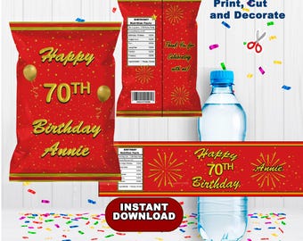 Birthday Chip bag + Water Bottle Label printable, Red Gold Personalized