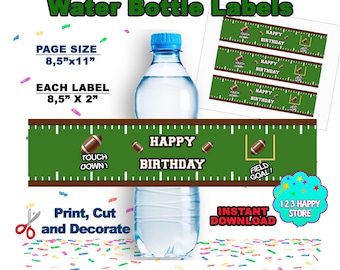 May include: Water bottle labels with a football theme. The labels are green with brown footballs and the words "Happy Birthday". The labels are 8.5" x 2" and the page size is 8.5" x 11".