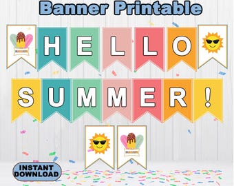 Hello Summer Banner printable, Summer Banner, instant download