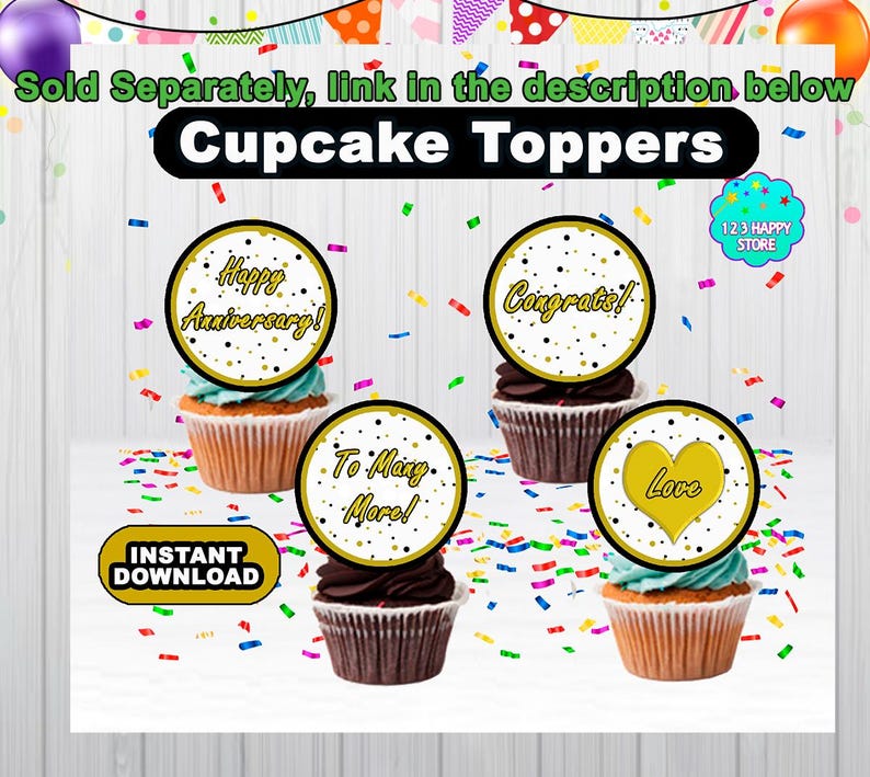 Many Toppers Happy Anniversary Banner, Instant Download Black Gold, Printable Happy ...