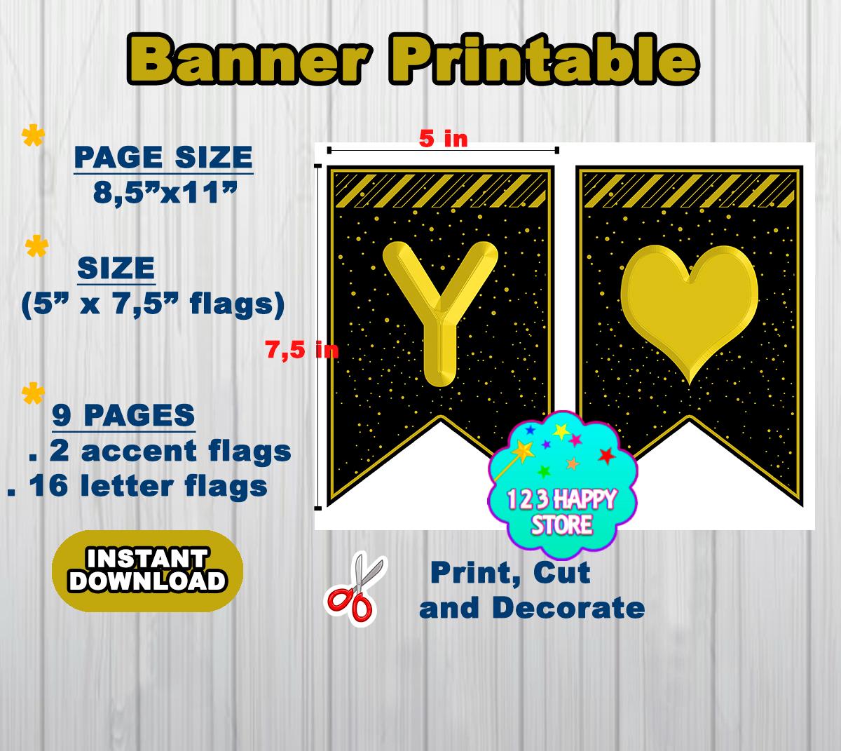 Happy Anniversary Banner, Instant Download Black Gold, Printable Happy