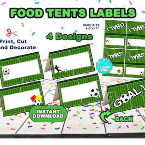 Etiquetas de comida de fútbol, mesa de cartas de fútbol imprimible, tarjetas de ubicación de fútbol