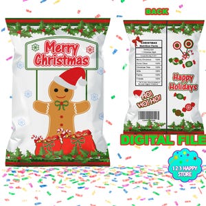 May include: A festive white bag with a gingerbread man in a Santa hat holding a "Merry Christmas" sign. The bag is adorned with holly and snowflakes. The back of the bag says "Happy Holidays" and "Digital File."
