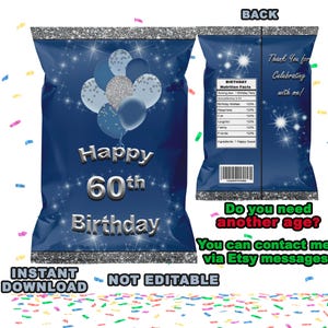 Sac à puces anniversaire 60e bleu et argent à imprimer - Téléchargement instantané