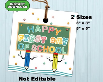 Etikett för glad första skoldagen, presentetiketter för lärare, etikett för tillbaka till skolan, direktnedladdning