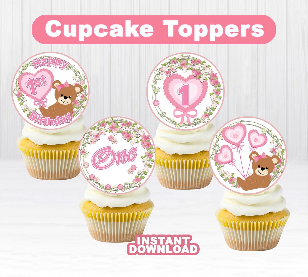 First Birthday Cupcake Toppers Pink Flowers Printable, 1st Birthday ...