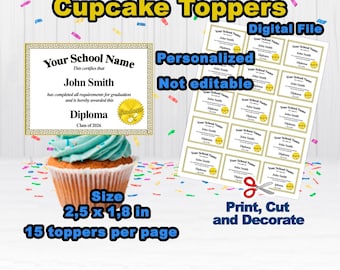 Diploma Graduation cupcake toppers personalized - Digital File