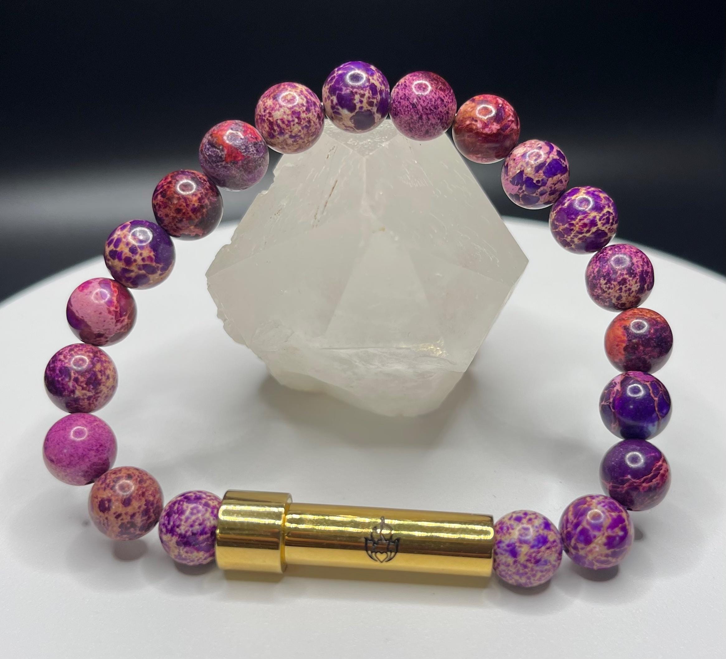Purple Jasper Beaded Bracelet: Gold Intention Capsule, Sea Sediment Stone