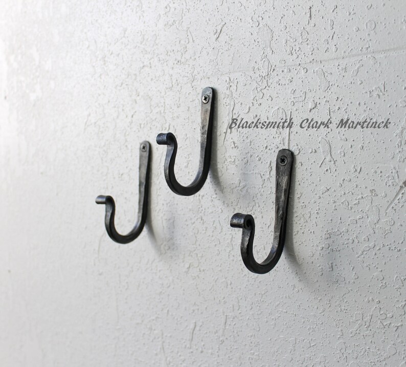 wall hooks, set of 3, iron hooks, blacksmith made, decorative metal hook, black metal hook, Christmas hook, Stocking hook image 1