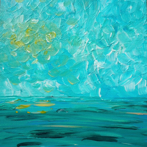 Subtle Sunny Ocean, 8x10 Original Abstract Acrylic Painting on Canvas Board