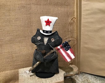 PRIMITIVE-CAT-BLACK-Patriotic-Americana-Flag-July 4th-prim decor-folk art