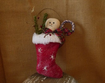 PRIMITIVE SNOWMAN in STOCKING