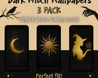 Dark Witch Wallpapers – Black and Gold Phone Backgrounds – iPhone & Android – 3 Pack Digital Download