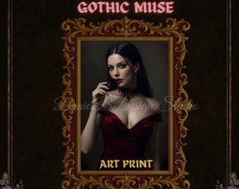 Gothic Muse Art Print – Dark Fantasy Portrait – Elegant Vampire – Black Rose – Printable Wall Art