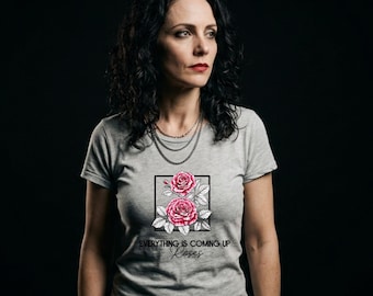 Women's T-Shirt "Everything is coming up" Roses grey handmade – Gothic Romantic 80s Shirt Organic Cotton