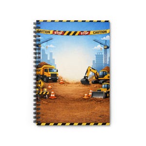 May include: Spiral-bound notebook featuring a construction site illustration. The cover displays a yellow dump truck, excavator, and bulldozer. The background includes a cityscape and caution tape with the words "CAUTION" and "STOP".