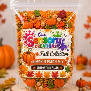 May include: A clear resealable pouch filled with a pumpkin patch mix sensory bin filler. The label features the text Our Sensory Creations Fall Collection Pumpkin Patch Mix Sensory Bin Filler, decorated with orange pumpkins and colorful autumn leaves.
