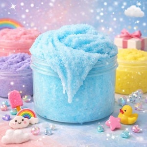 May include: A close-up of several jars filled with colorful, textured slime. The main jar contains light blue slime, with other jars holding pink, purple, and yellow slime. Decorative elements include a rainbow, a cloud, a pink star, and a yellow rubber duck.
