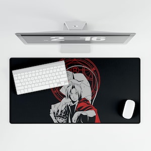 May include: Black and white anime character with red accents on a black mousepad with a white keyboard and a white computer monitor in the background. The character is holding a large metal hand. The mousepad has a red circle with a black and white symbol in the center.