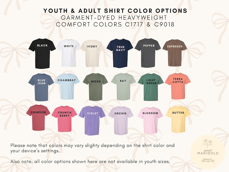 May include: A color chart displaying seventeen short-sleeve t-shirts in various shades labeled Black, White, Ivory, True Navy, Pepper, Espresso, Blue Jean, Chambray, Moss, Bay, Light Green, Terra Cotta, Crimson, Crunch Berry, Violet, Orchid, Blossom, and Butter.