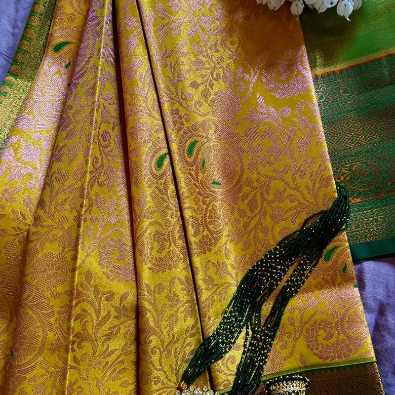 Golden Caramel Red Tassel with Maroon Border Plain Khadi Tissue Saree main image 1