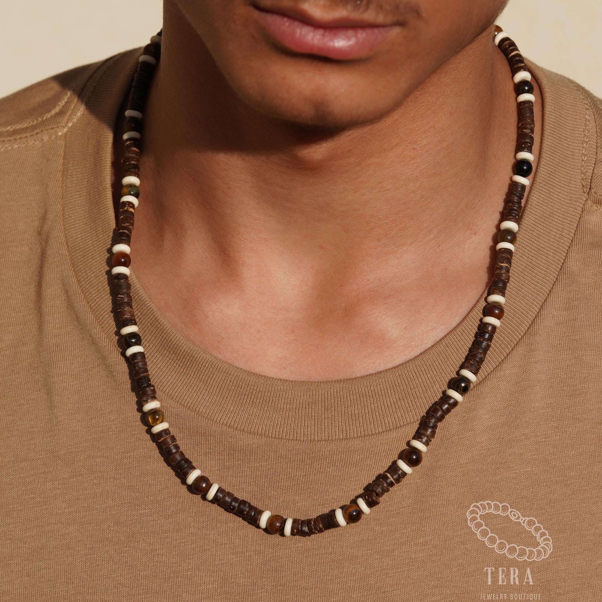 Handmade Men Wood Beaded Necklace - Turquoise Beaded Chain For Men, Surfer Necklaces For Him, Surfer Jewelry For Men, Coconut Beads Necklace