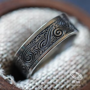 Zilveren ring met golfpatroon voor heren - Zilveren gegraveerde ring voor heren, unieke designring, gegraveerde ring heren kostuumring voor hem
