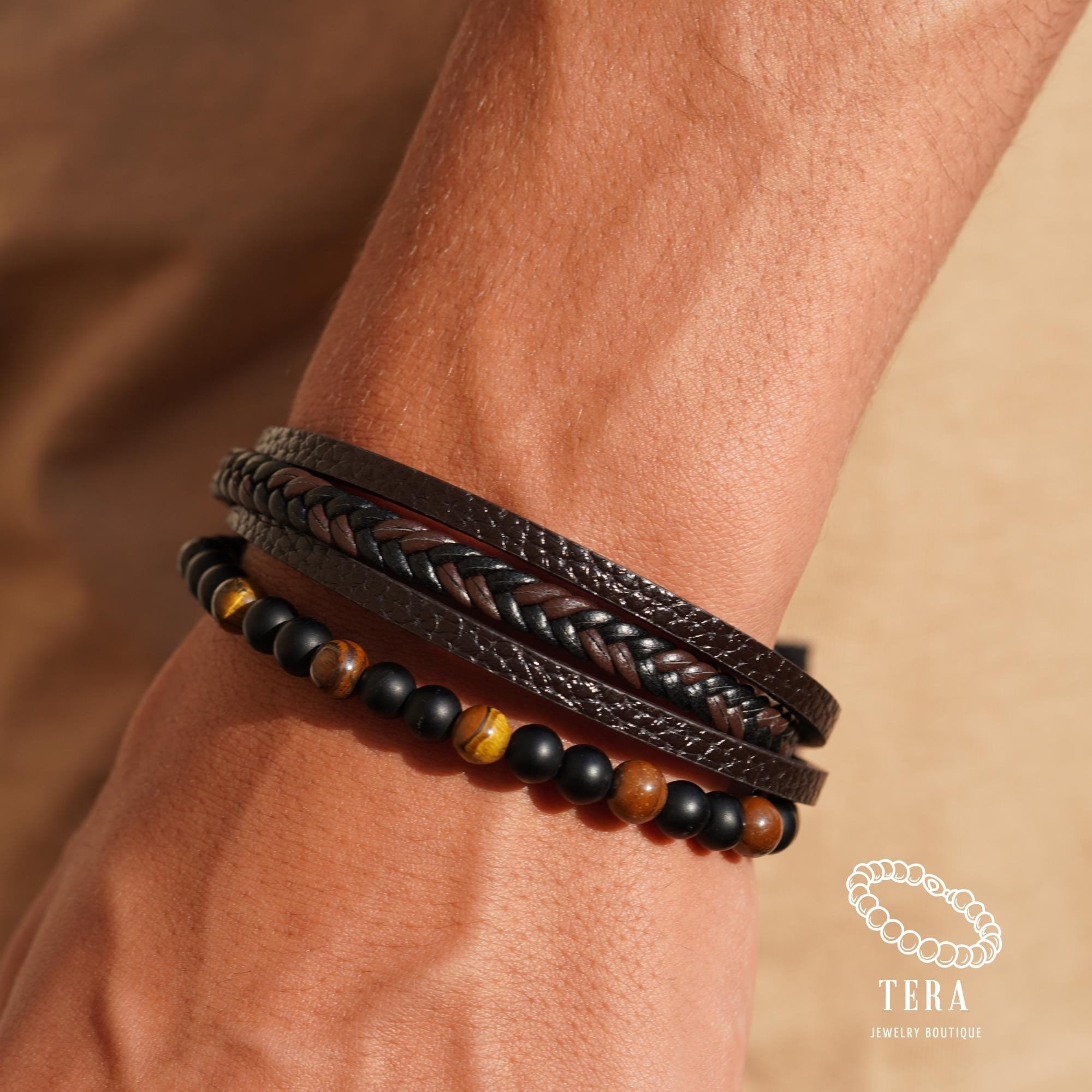 Men Double Wrap Leather Bracelet With Black Onyx Beads - Tiger Eye Wristband With Natural Gemstone Beads, Matte Black Onyx With Lava Beads