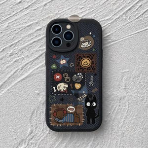 Whimsical Sticker Collage iPhone Case: Colorful Cartoon Patchwork Cute Animal Leather Phone Cover