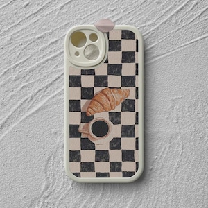 Retro Coffee Croissant Checkerboard iPhone Case, Cozy Breakfast Art Leather Phone Cover