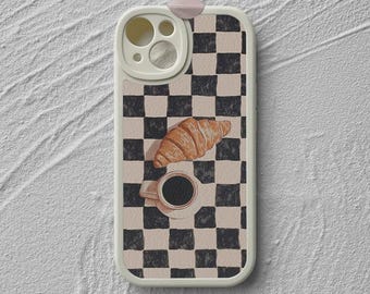 Retro Coffee Croissant Checkerboard iPhone Case, Cozy Breakfast Art Leather Phone Cover