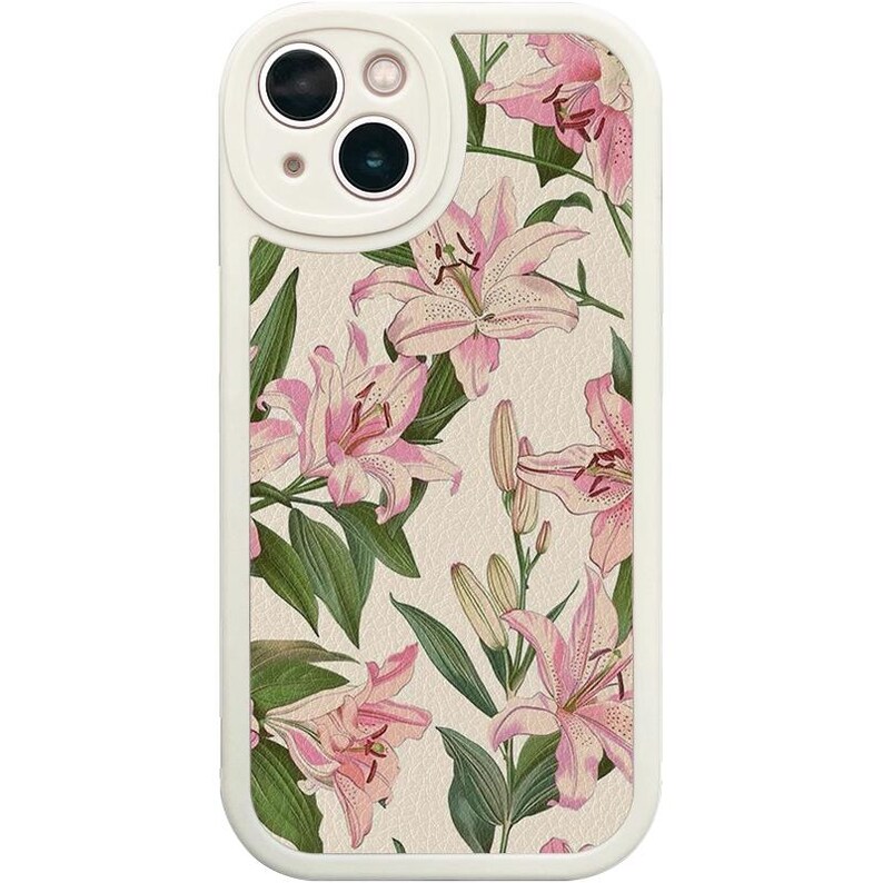 May include: White phone case with a floral design featuring pink lilies on a cream background. The case has a raised camera bump with a black camera lens.