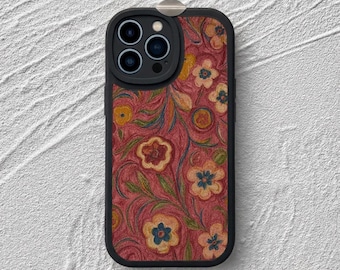 Red Floral iPhone Case: Flower Pattern Artistic Botanical Unique Design Leather Phone Cover