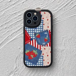 Strawberry Denim Patchwork Leather iPhone Case, Gingham Fruit Print Phone Cover, Cute Coquette Gift for Her