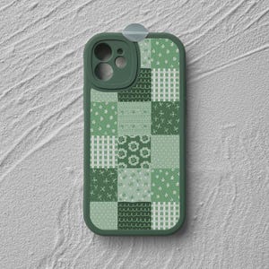 Grönt lapptäcke iPhone-skal: Blommigt quiltat prickigt rutigt rosett Vintage konstnärligt skyddande läderfodral