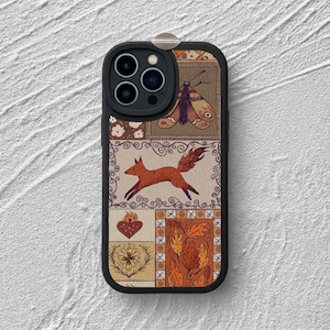 Folk Art Patchwork iPhone Case: Fox and Moth Flame Heart Fall Leaves Floral Protective Leather Phone Cover