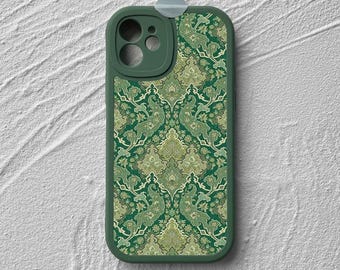 Vintage Green Damask iPhone Case, Antique Floral Leather Phone Cover Pro Max Plus Mini XR