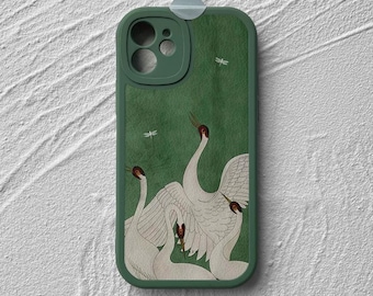 May include: Green phone case with a white crane design. The case has a cutout for the camera lens and a raised lip around the edges to protect the screen.