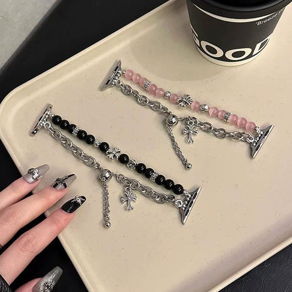 Gothic Cross Charms Gemstone Beaded Watch Band, Punk Chrome Heart Metal Unique Design Apple Watch Bracelet
