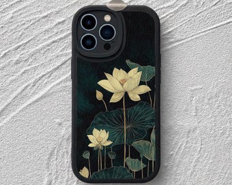 Lotus Flower iPhone Case: Elegant Botanical Dark Green Leaf Artistic Nature Inspired Leather Phone Cover